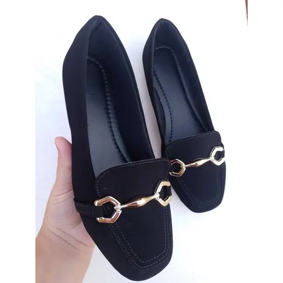 Sapatilha mocassim feminina confortável quadrada barata enfeite dourado trabalho casual luxo
