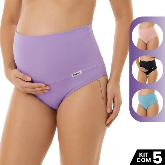 Kit 5 Calcinhas Cós Alto Duplo Gestante Cós Alto 15 Cm Feminina