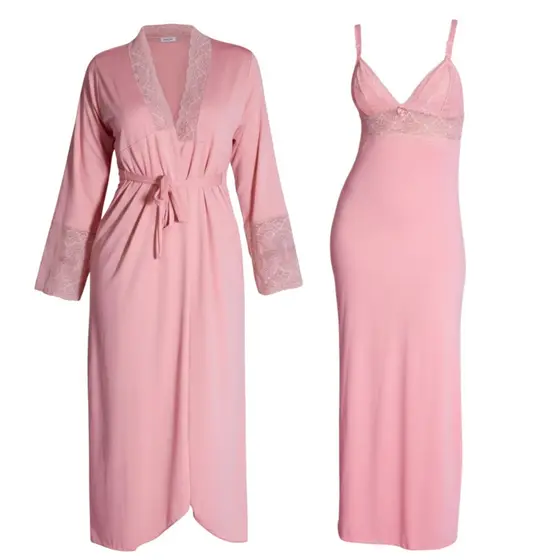 Kit  Robe Roupão e Camisola Amamentação Longos Pós Parto Gestante Maternidade  Liso Renda