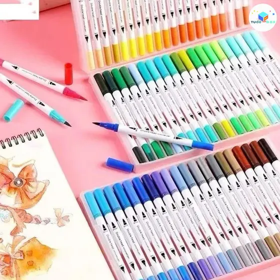 Kit 12/24/36/48/ Canetas 2 em 1 Brush Lettering e Ponta Fina Dual Pen Canetinha Colorir Desenho