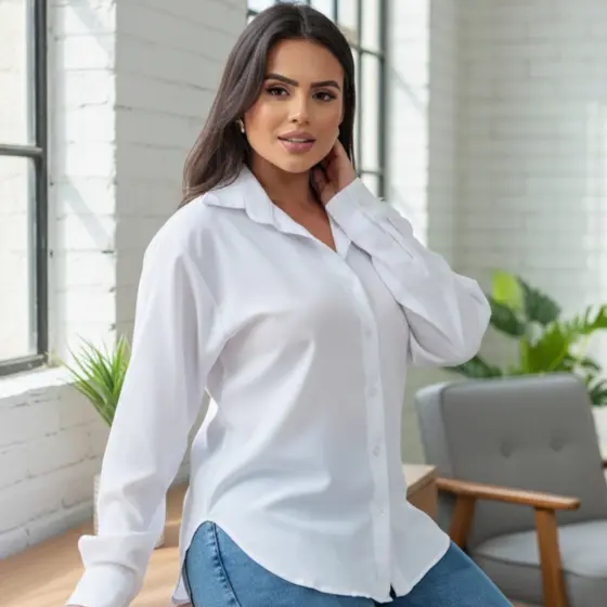 Camisa Camisete Social Feminina Manga Longa Oversized Elegante Basica Lisa Alongada Casual Chemise Uniforme Trabalho