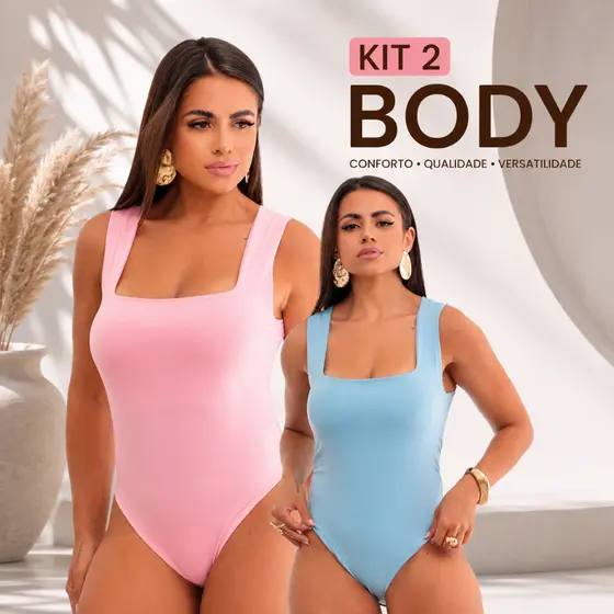 Kit 2 Body Feminino Regata Decote Quadrado Alça Larga Basico Regata Feminina Alça Grossa Collant Blusinha Poliamida