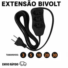 Extensão Elétrica de 3 a 30 Metros Com 3 Tomadas Bivolt 10 Amperes Cabo Resistente