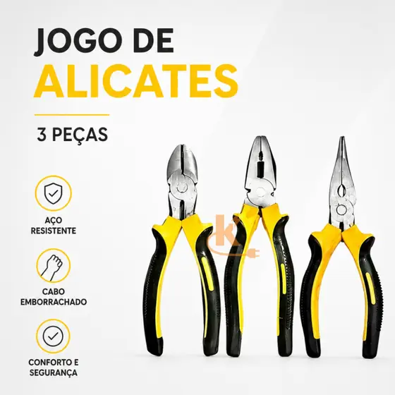 Kit 3 Alicates Universal Profissional de Aço Com Cabo Emborrachado - Ferramentas Multiuso