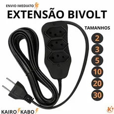 Extensão Elétrica de 3Metros Com 3 Tomadas Bivolt 10 Amperes Cabo Resistente 2,3,5,10,20,30 METROS