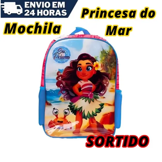 Mochila Infantil Menina Costa Princesa do Mar Azul ou Rosa Sortido Acolchoada Confortável Escola