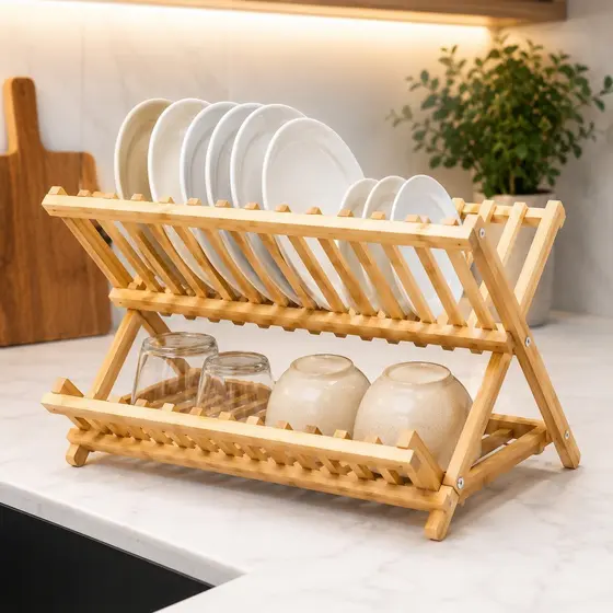 Escorredor de Louça 2 Andares Dobrável Bambu FRATELLI 15 Compartimentos Resistente Elegante Cozinha