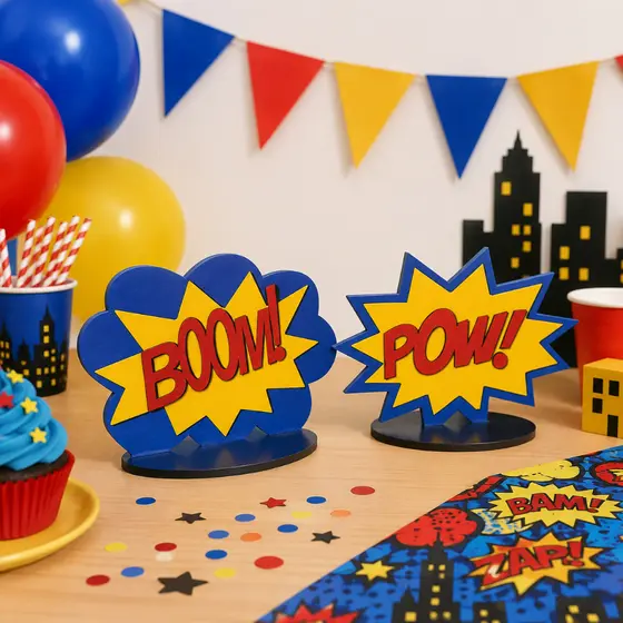 Kit 2 Peças Centro de Mesa Placa Pow Boom Display Decoração Festa Quarto Aniversário Infantil