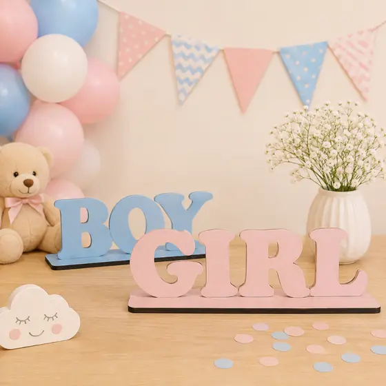 Kit 2 Peças Boy Girl Azul e Rosa Chá Revelação Centro de Mesa Display Decoração Festa