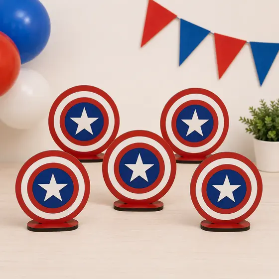 Kit 5 Peças Centro de Mesa  Display Capitão América MDF Decoração de Festa Aniversário