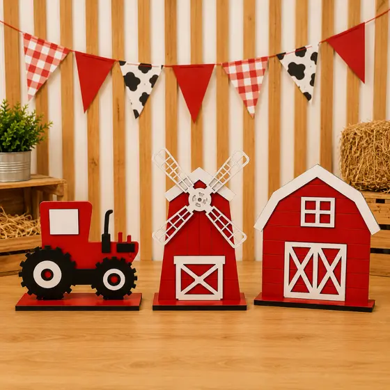 Kit 3 Unidades Celeiro Trator Catavento Display Mesa Mdf Decoração Festa Aniversário