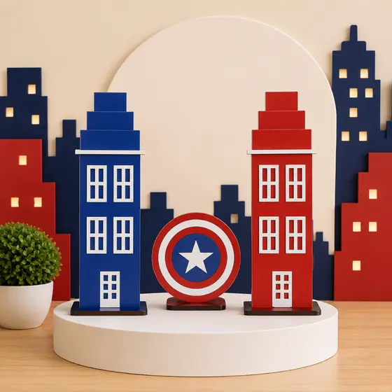 Kit 3 Unidades Centro de Mesa Display Capitão América MDF Decoração de Festa Aniversário