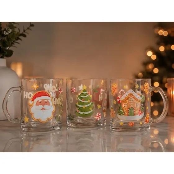 Caneca De Vidro 300ML Xícara De Natal Papai Noel Biscoito de Natal
