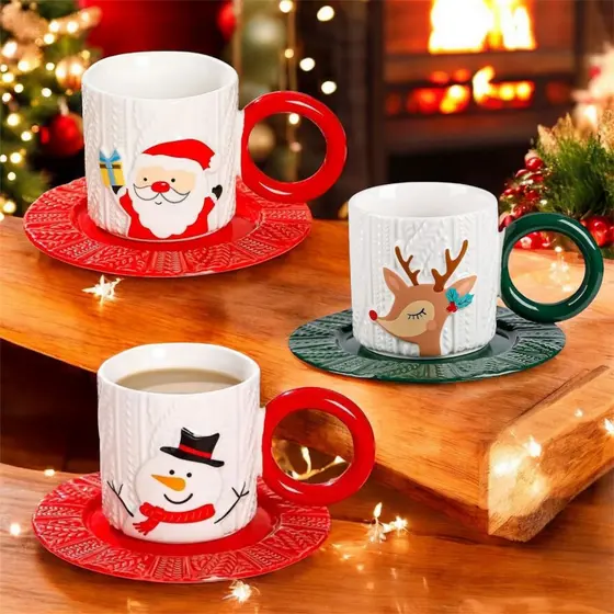 Xícara C/ Pires 250ML de Porcelana Xícara de Natal Com Pires
