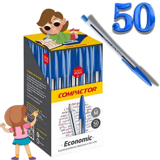 Caixa 50 Canetas Originais Esferográficas 1mm Compactor Economic