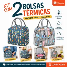 Kit com 2 bolsa térmica unissex estampada, para marmita, lanches, bebidas, bolsa impermeavel para piquenique,marmita