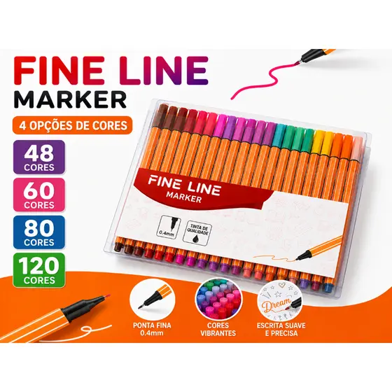 Kit 48/60/80/120 Canetas Coloridas Fine Line Ponta Fina 0.4 mm Ergonômicas Escrita Suave