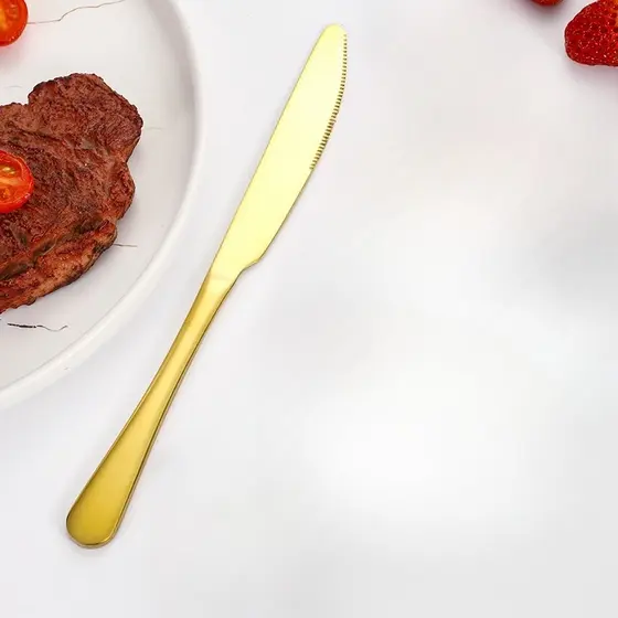 6 Pcs Faca Bife Dourada Melhor Corte Carne Cabo Seguro