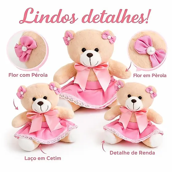 Trio de Ursinhas de Pelúcia para Nicho | Decoração Quarto Bebê Menina Festa Infantil