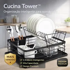 Escorredor de Louças 2 Andares Cucina Tower™ Preto Fosco Alta Capacidade Compacto de Pia Cozinha