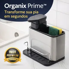 Organizador de Pia Inox com Porta Detergente 2 em 1 – Dispenser + Suporte Esponja com Drenagem | Organix Prime™