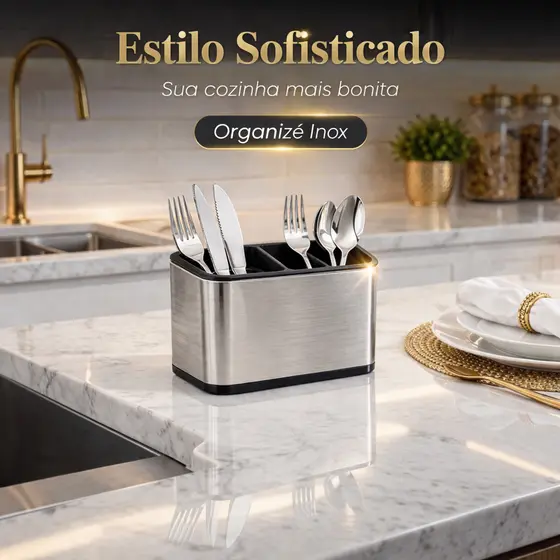 Porta Talheres Inox Premium Organizador de Cozinha Compacto Anti-Ferrugem Organizé Inox