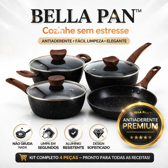 Conjunto Panelas Bella Pan 4 Peças Antiaderente Premium Tampa de Vidro Não Gruda Fácil Limpeza