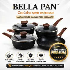 Conjunto Panelas Bella Pan 4 Peças Antiaderente Premium Tampa de Vidro Não Gruda Fácil Limpeza