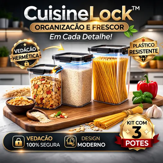 CuisineLock™ Kit 3 Potes Herméticos Organizadores Vedação Ar Armazenar Alimentos Despensa Cozinha