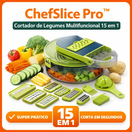 ChefSlice Pro Cortador de Legumes Multifuncional 15 em 1 Ralador Fatiador Profissional com Cesto