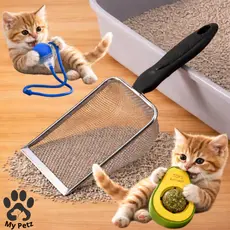 Pá de Areia Coletora e Brinquedo Opcional Pets Gato, Cachorro em Aço Inox, Caixa de Areia Higiênica.