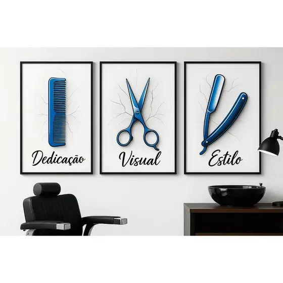 Quadro Decorativo Barbearia Moderna Kit 3 Peças Pente Tesoura Navalha Estilo Dedicação Visual Branco