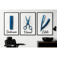 Quadro Decorativo Barbearia Moderna Kit 3 Peças Pente Tesoura Navalha Estilo Dedicação Visual Branco