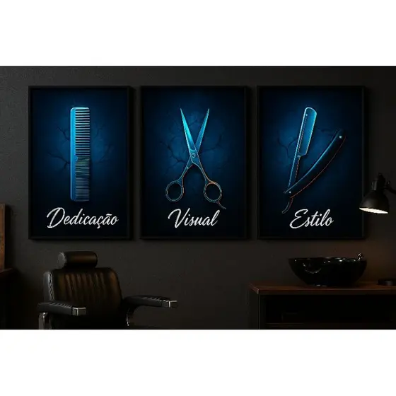 Quadro Decorativo Barbearia Moderna Kit 3 Peças Pente Tesoura Navalha Estilo Dedicação Visual