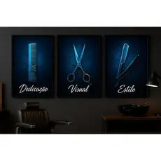 Quadro Decorativo Barbearia Moderna Kit 3 Peças Pente Tesoura Navalha Estilo Dedicação Visual
