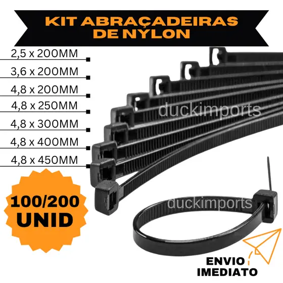 Kit Com 100/200 fita Cintas Plasticas Abracadeira Nylon Enforca Gato hellerman - Várias Medidas