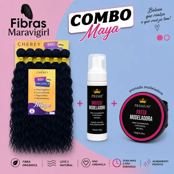 COMBO - Cabelo Bio Organico Maya 300g Cherey + Pomada modeladora 150g + Mousse modelador 150g