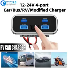 Carregador De Carro RV , 4 Portas , 12V/24V , Tomada USB , 76W , Duplo PD3.0 , Tipo-C E Carga Rápida Dupla , Adaptador D