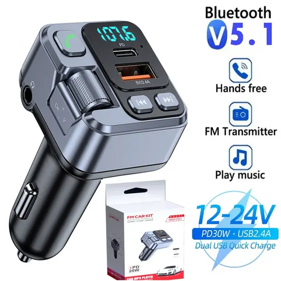 Transmissor FM Handsfree Carro Bluetooth 5.1 Estéreo Sem Fio MP3 Player Kit Modulador PD30W Carga Rápida