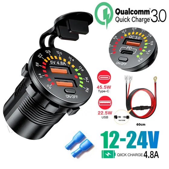 12V Carga Rápida QC3.0 Duplo USB Tipo-C PD Carregador De Carro Tomada 18W Rápido Com Voltímetro LED Interruptor Liga/Des