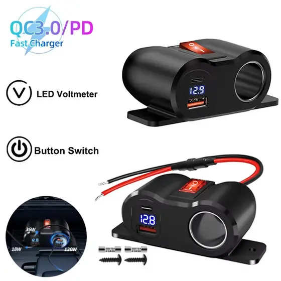 120W Duplo PD QC3.0 Tomada USB Divisor De Isqueiro Com Voltímetro LED 12V Carregador De Carro Adaptador De Energia Para