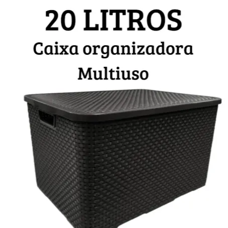 Caixa Organizadora Cesto Multiuso Rattan 20 Litros Com Tampa Preto Empilhavel - TOY 25598