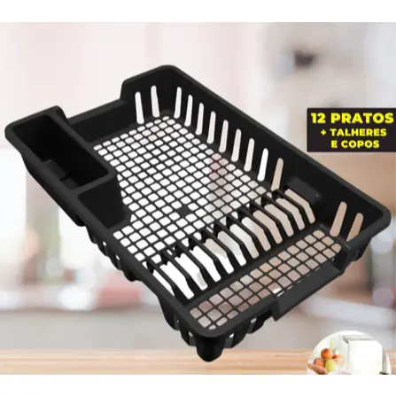 Escorredor de Louças 12 Pratos Cozinha Plástico Preto Escorredor Louça Copos Talheres - TOY