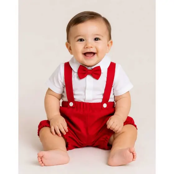 Conjunto Bebê Menino Jardineira Camisa Social Gravata Estilo Francês Luxo Algodão
