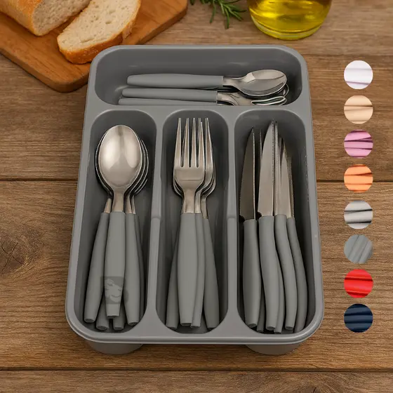 Jogo De Talheres 24 Peças Faqueiro Aço Inox Com Suporte Gaveteiro Porta Talher Diversas Cores