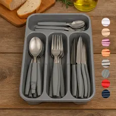 Jogo De Talheres 24 Peças Faqueiro Aço Inox Com Suporte Gaveteiro Porta Talher Diversas Cores