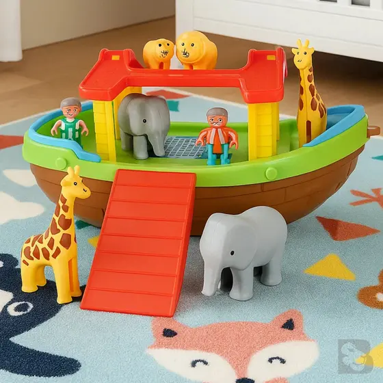 Brinquedo Didático Barco Arca de Noé para Montar com 2 Bonequinhos e 6 Animais Educativo Estimula