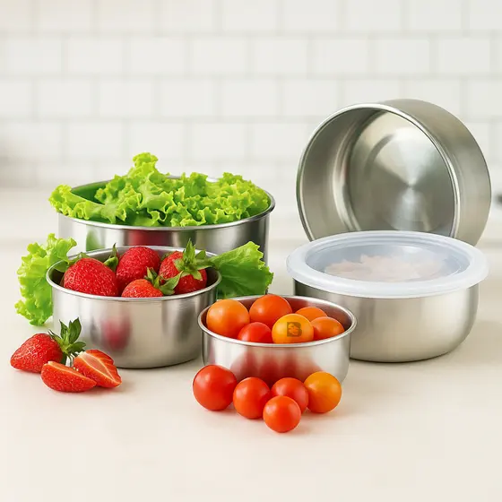 Jogo 5 Potes Bavaria Tigela Inox com Tampa Hermética Conjunto Redondo Geladeira Comida Alimento