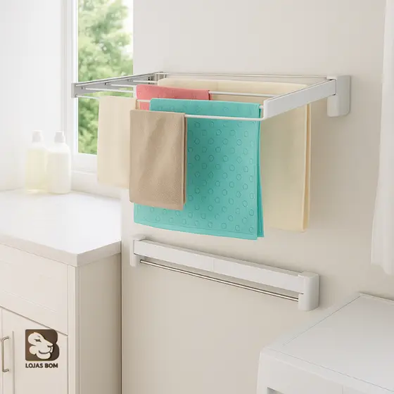 Varal de Parede Mágico Retrátil Dobrável Grande 70cm Com 5 Varetas Em Aço Inox Resistente Discreto