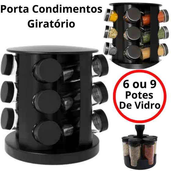 Porta Condimentos Temperos Giratório 6 e 9 Potes Vidro 90G com Tampa Dosadora Preto